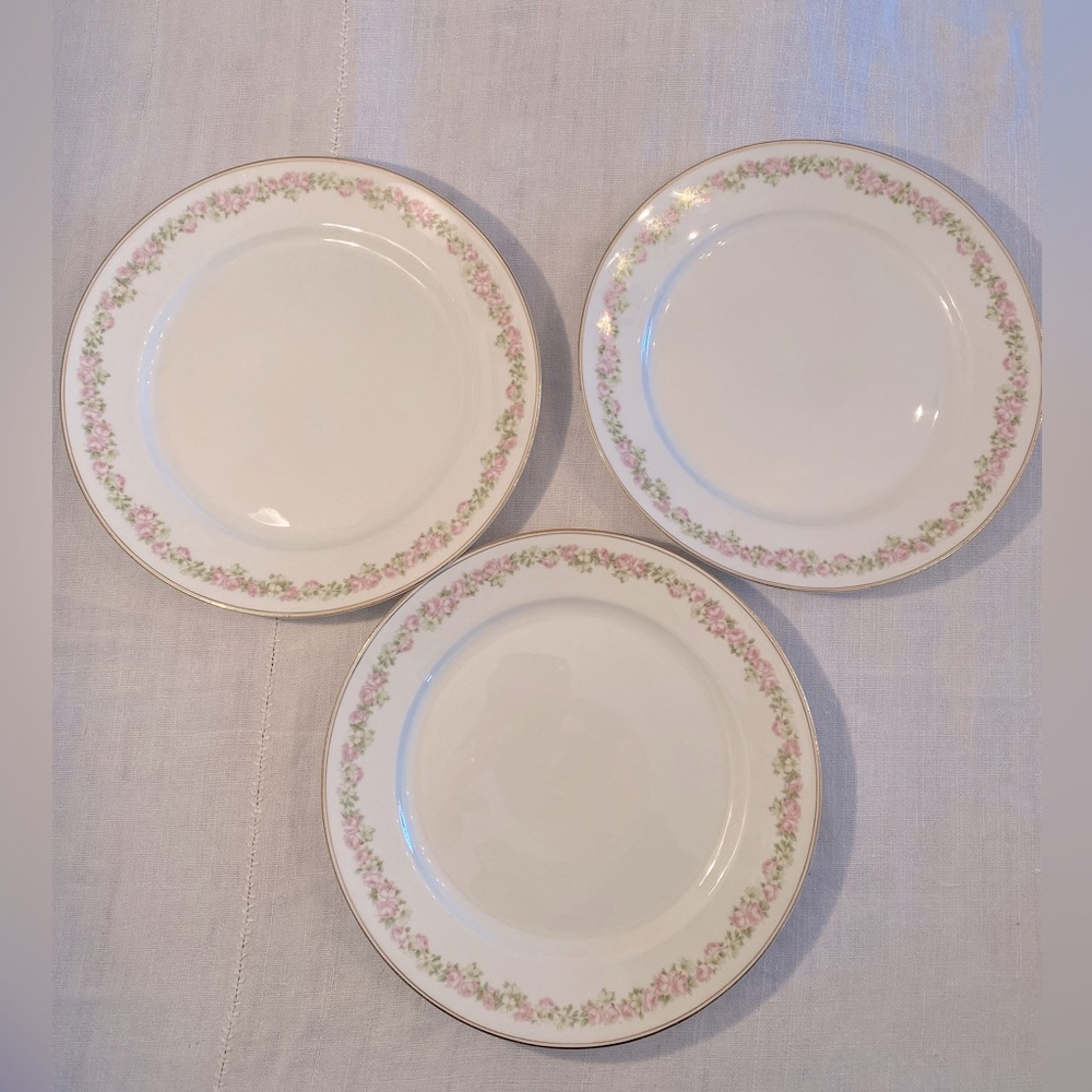 3 Vintage 10” white dinner plates - Pope & Gosser China pink & green flowers
